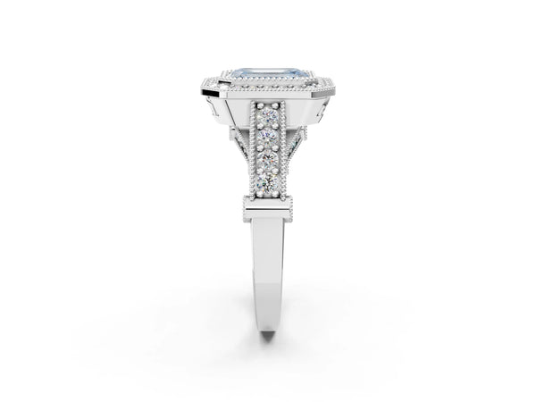 Sterling Silver Emerald Cut Vintage Bezel Halo Engagement Ring Setting for Fancy Blue Center