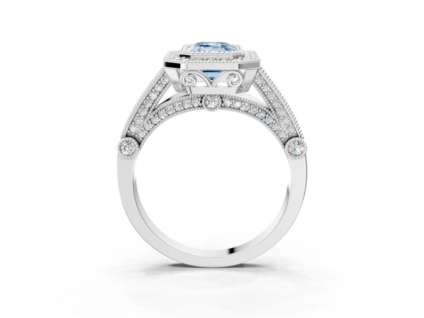Sterling Silver Emerald Cut Vintage Bezel Halo Engagement Ring Setting for Fancy Blue Center
