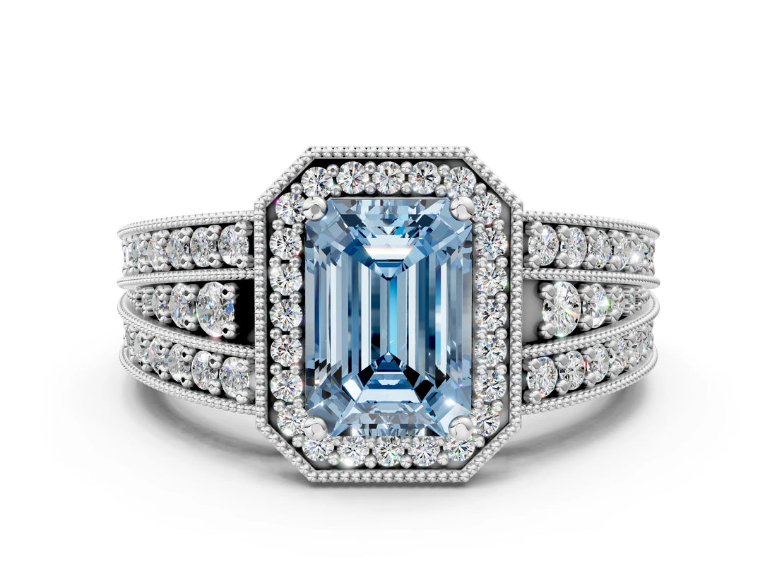 Silver Fancy Blue Emerald Cut Halo Diamond Split Shank Ring with Prong Setting_30