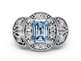 Silver Fancy Blue Emerald Cut Halo Milgrain Diamond Engagement Ring with Leaf Band and Four-Prong Setting_12