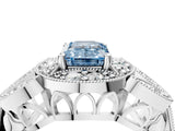 Silver Fancy Blue Emerald Cut Halo Milgrain Diamond Engagement Ring with Leaf Band and Four-Prong Setting_16