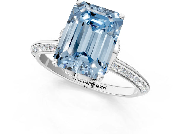 Sterling Silver Emerald Cut Graduated Pave Engagement Ring Setting for Fancy Blue Center