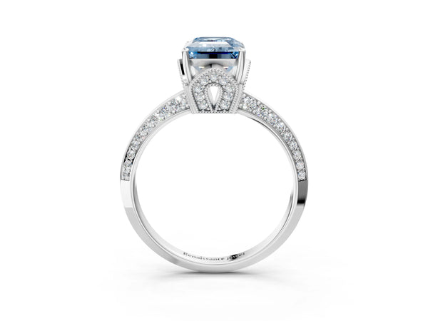 Sterling Silver Emerald Cut Graduated Pave Engagement Ring Setting for Fancy Blue Center