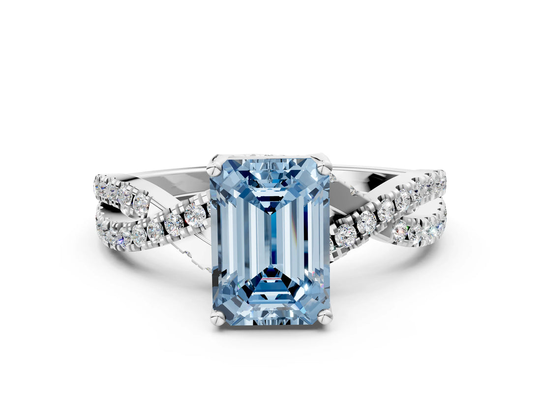 Silver Fancy Blue Emerald Cut Solitaire Twist Pave Diamond Engagement Ring with Prong Setting_42