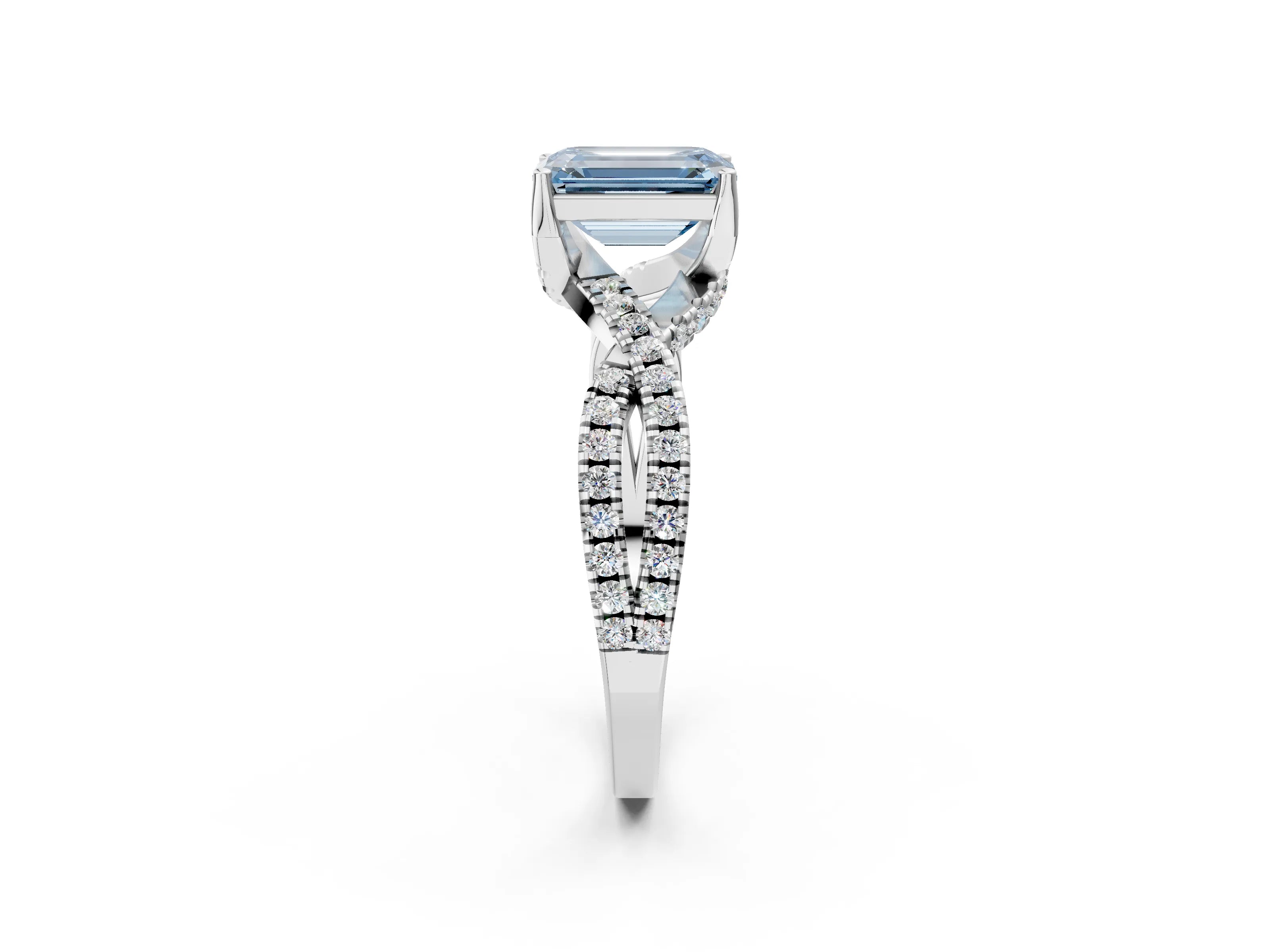 Silver Fancy Blue Emerald Cut Solitaire Twist Pave Diamond Engagement Ring with Prong Setting_44