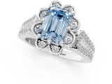 Silver Fancy Blue Emerald  Halo Diamond Floral Split Shank Engagement Ring 2
