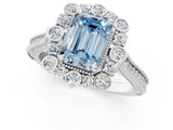 Silver Fancy Blue Emerald  Halo Milgrain Pave Diamond Ring with Four-Prong Setting 1