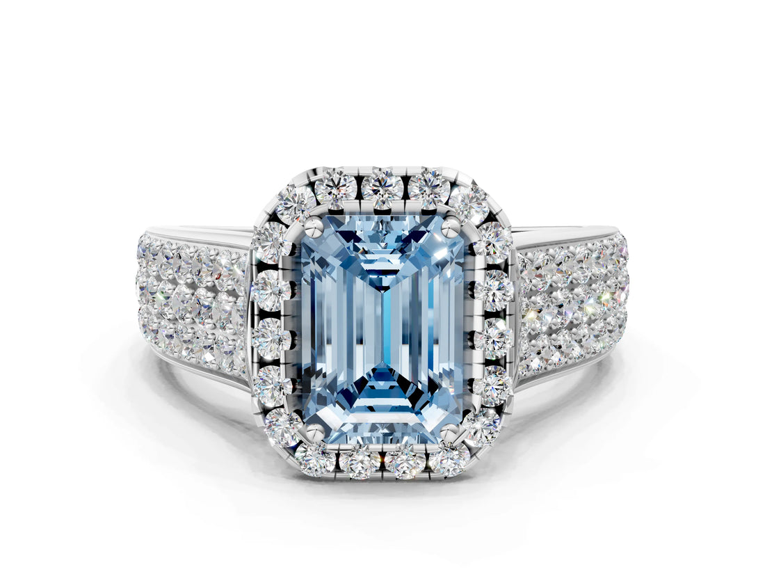 Silver Fancy Blue Emerald  Halo Round Diamond Pave Band with Prong Setting