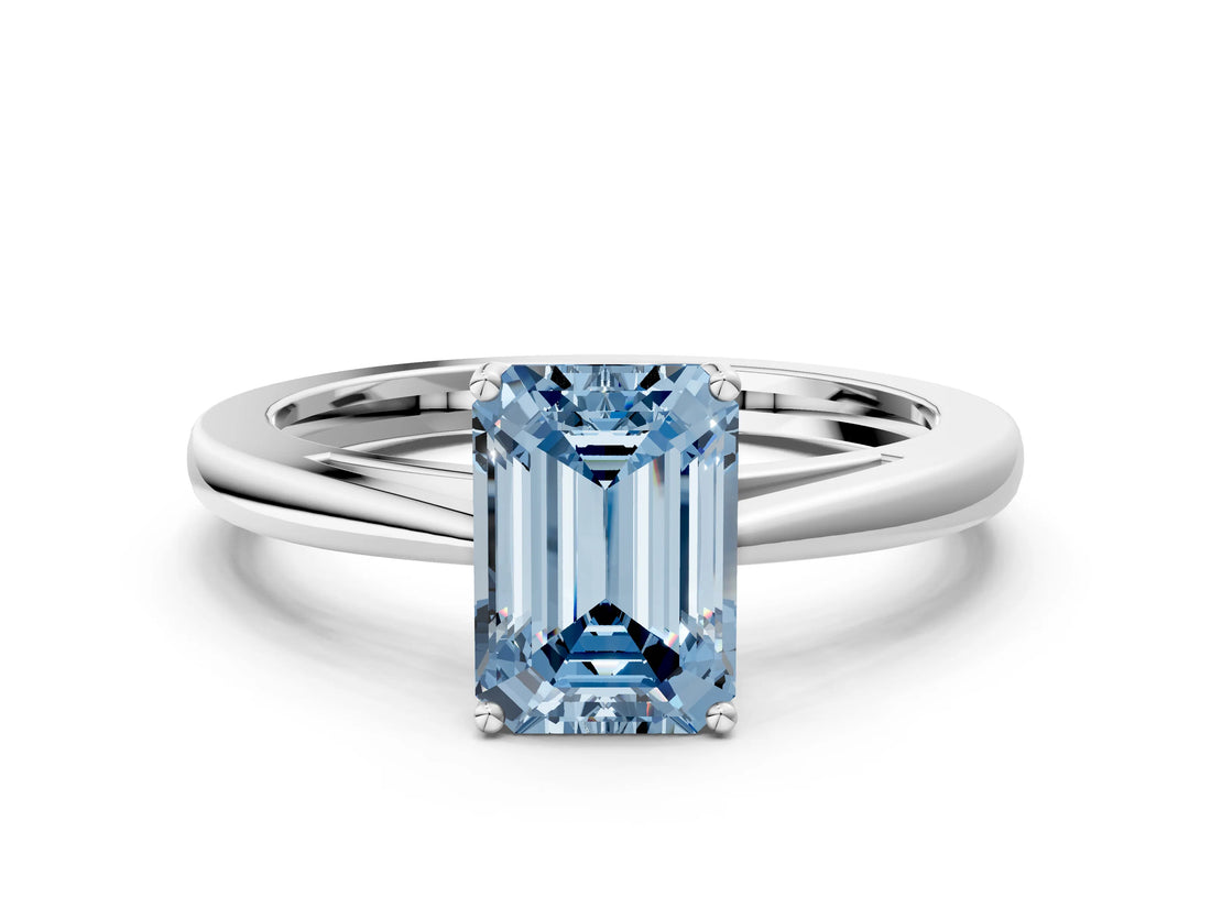 Silver Fancy Blue Emerald  Solitaire Diamond Ring with Split Shank and Four-Prong Setting_12