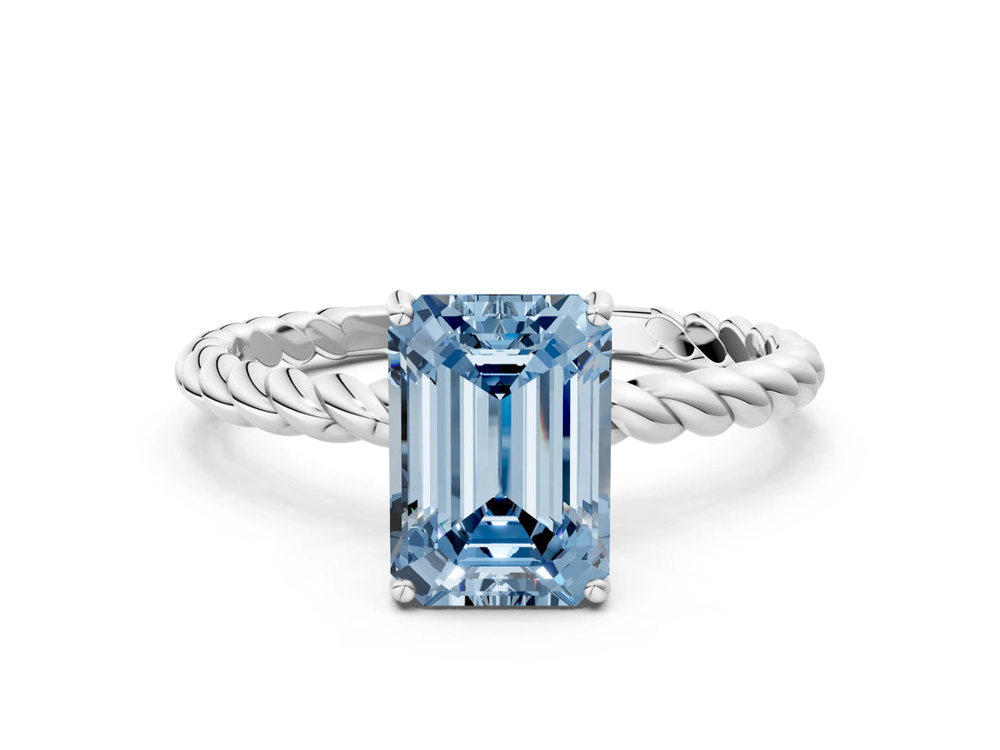 Silver Fancy Blue Emerald  Solitaire Twist Band Ring with Four-Prong Setting