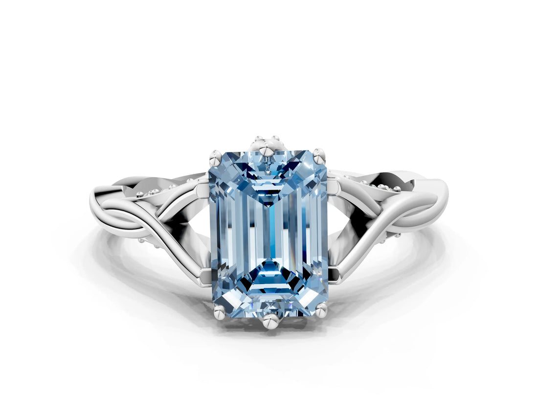 Silver Fancy Blue Emerald  Solitaire Twist Band Six-Prong Setting 1