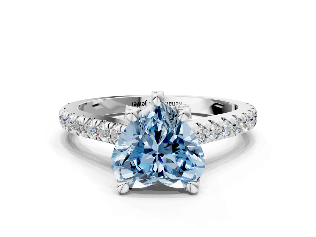 Silver Fancy Blue Heart  Brilliant Diamond Solitaire with Pavé Band and Four-Prong Setting