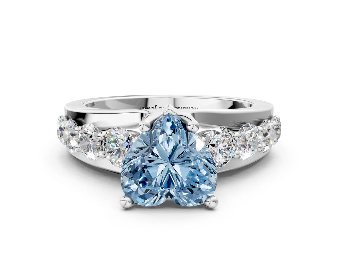 Silver Fancy Blue Heart  Brilliant Solitaire with Side Stones on a Pave Band and Four-Prong Setting_12