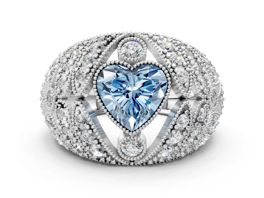Silver Fancy Blue Heart Cut Brilliant Halo Pave Diamond Milgrain Ring_6
