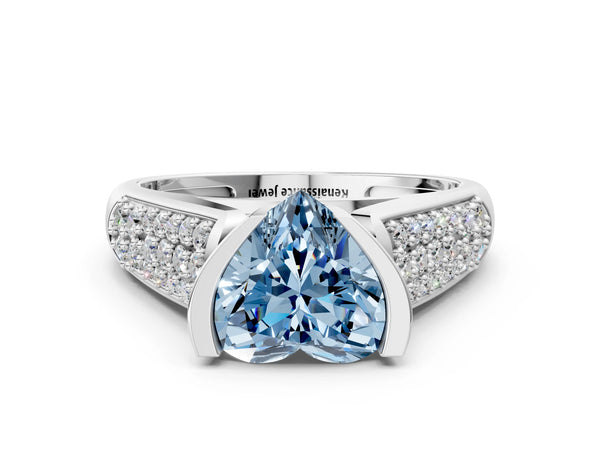 Silver Fancy Blue Heart Cut Diamond Channel Set Pave Band with Tension Prong Setting