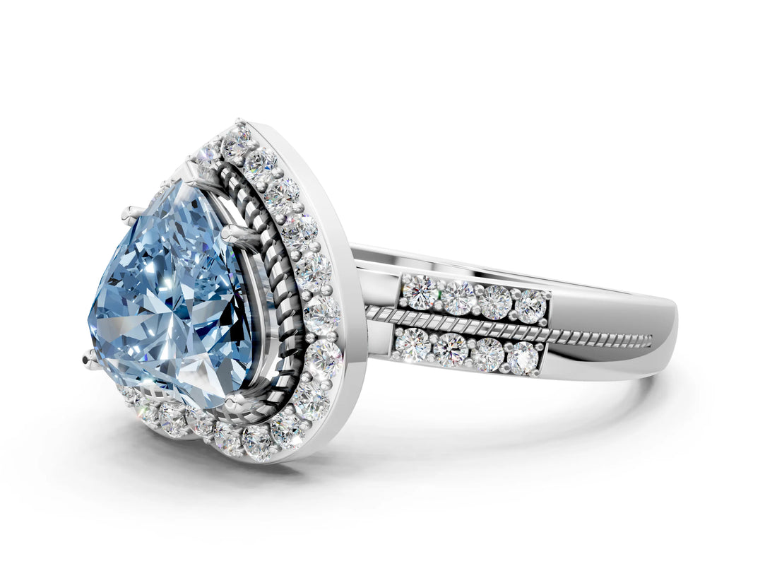 Silver Fancy Blue Heart Cut Diamond Double Halo Ring with Split Shank and Four-Prong Setting_6
