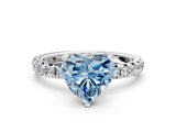 Silver Fancy Blue Heart Cut Diamond Pavé Solitaire Ring with Round Band and Prong Setting