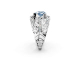 Silver Fancy Blue Heart Cut Diamond Pave Art Deco Split Shank Ring with Four-Prong Setting_8