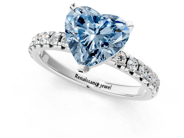 Sterling Silver Heart-Shaped Solitaire Engagement Ring Setting for Fancy Blue Center with Large Round Accent Band