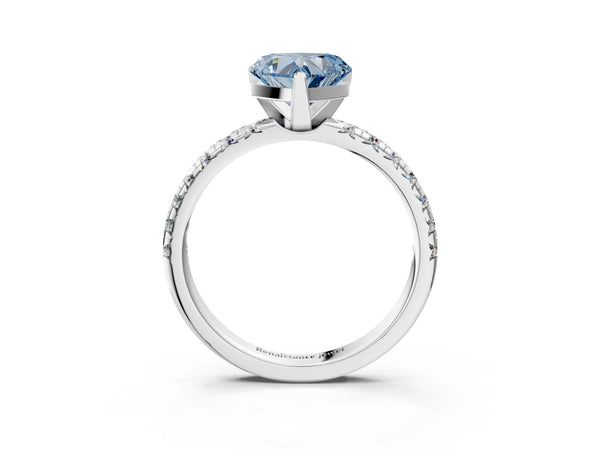 Sterling Silver Heart-Shaped Solitaire Engagement Ring Setting for Fancy Blue Center with Large Round Accent Band