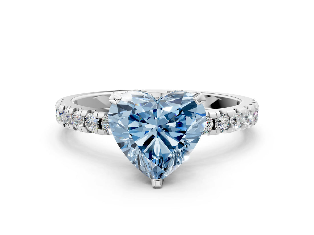 Silver Fancy Blue Heart Cut Diamond Solitaire Ring with Round  Pavé Band and Four-Prong Setting_36