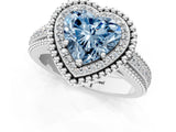 Silver Fancy Blue Heart Cut Halo Diamond Ring with Beaded Split Shank and Four-Prong Setting_7