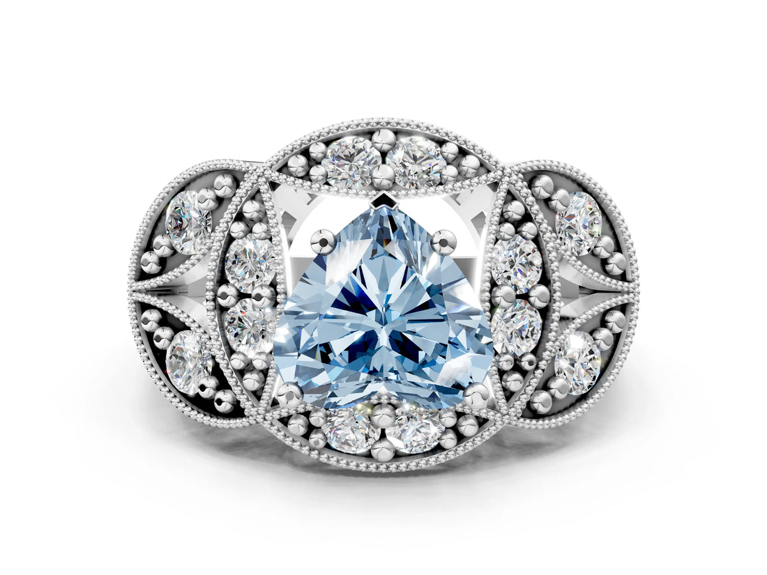 Silver Fancy Blue Heart Cut Halo Milgrain Diamond Engagement Ring with Leaf Band and Four-Prong Setting_6