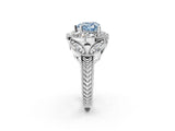 Silver Fancy Blue Heart Cut Halo Milgrain Diamond Engagement Ring with Leaf Band and Four-Prong Setting_8
