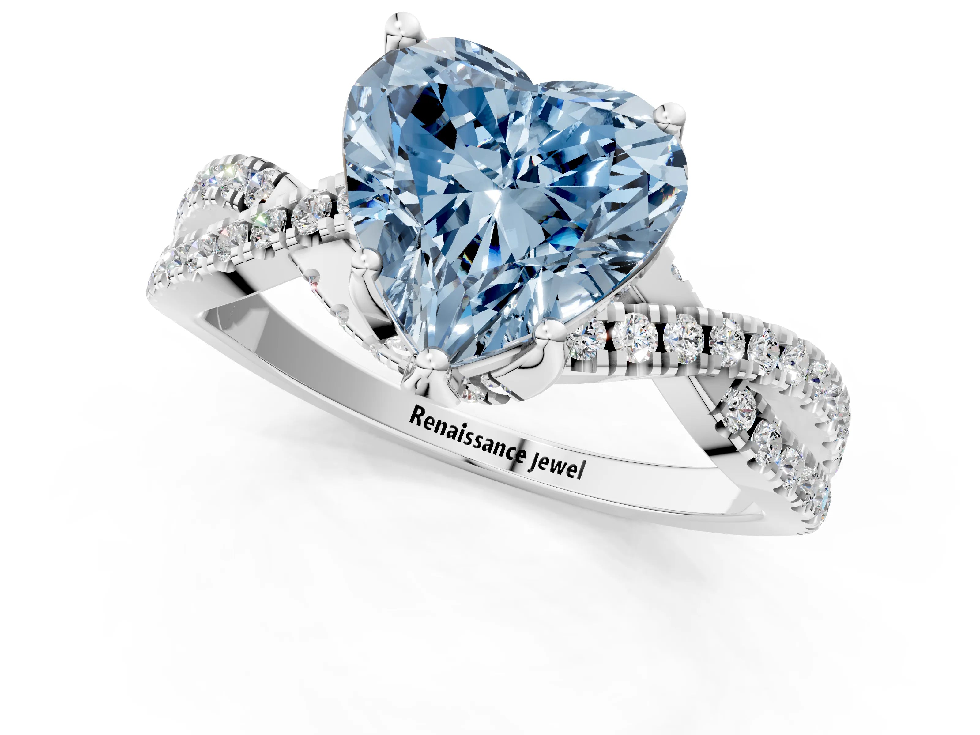 Silver Fancy Blue Heart Cut Solitaire Twist Pave Diamond Engagement Ring with Prong Setting_43