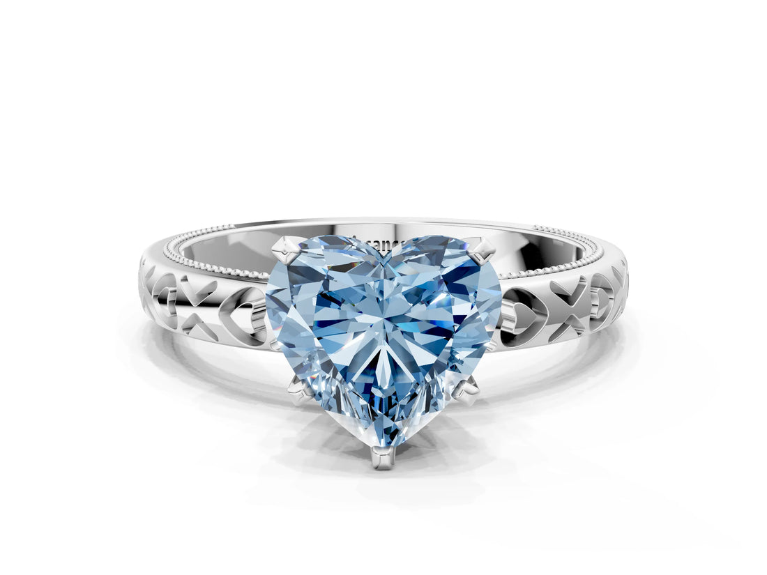 Silver Fancy Blue Heart  Solitaire Diamond Engagement Ring with XO Engraved Band and Four-Prong Setting