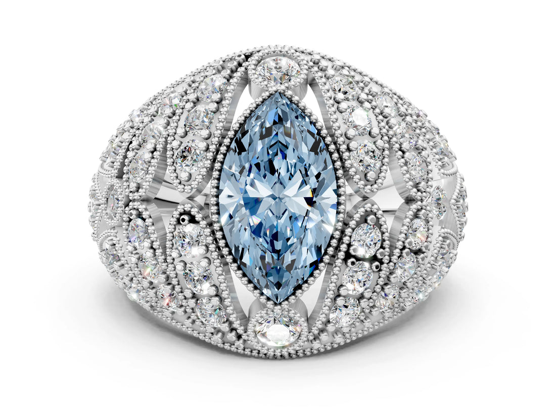 Silver Fancy Blue Marquise Cut Brilliant Halo Pave Diamond Milgrain Ring_6