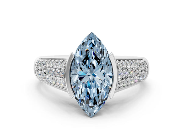 Silver Fancy Blue Marquise Cut Diamond Channel Set Pave Band with Tension Prong Setting