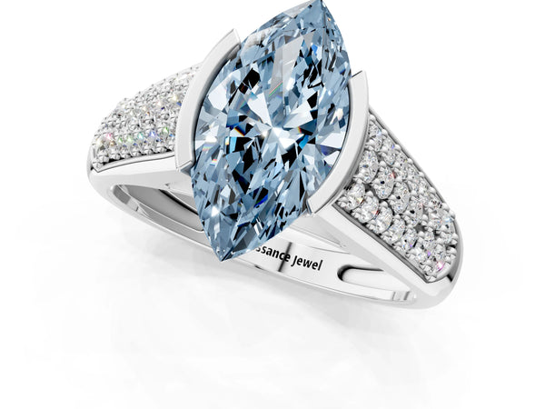 Silver Fancy Blue Marquise Cut Diamond Channel Set Pave Band with Tension Prong Setting