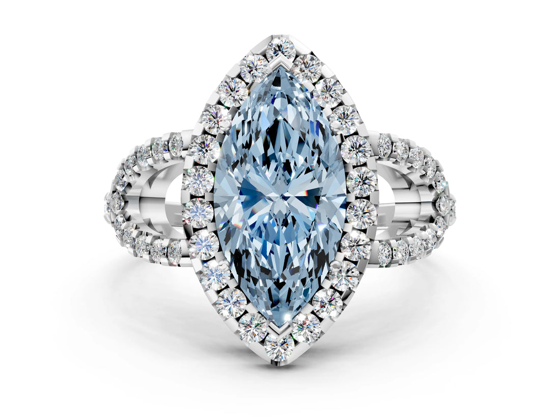 Silver Fancy Blue Marquise Cut Cut Diamond Halo Engagement Ring with Open Split Pavé Band_12