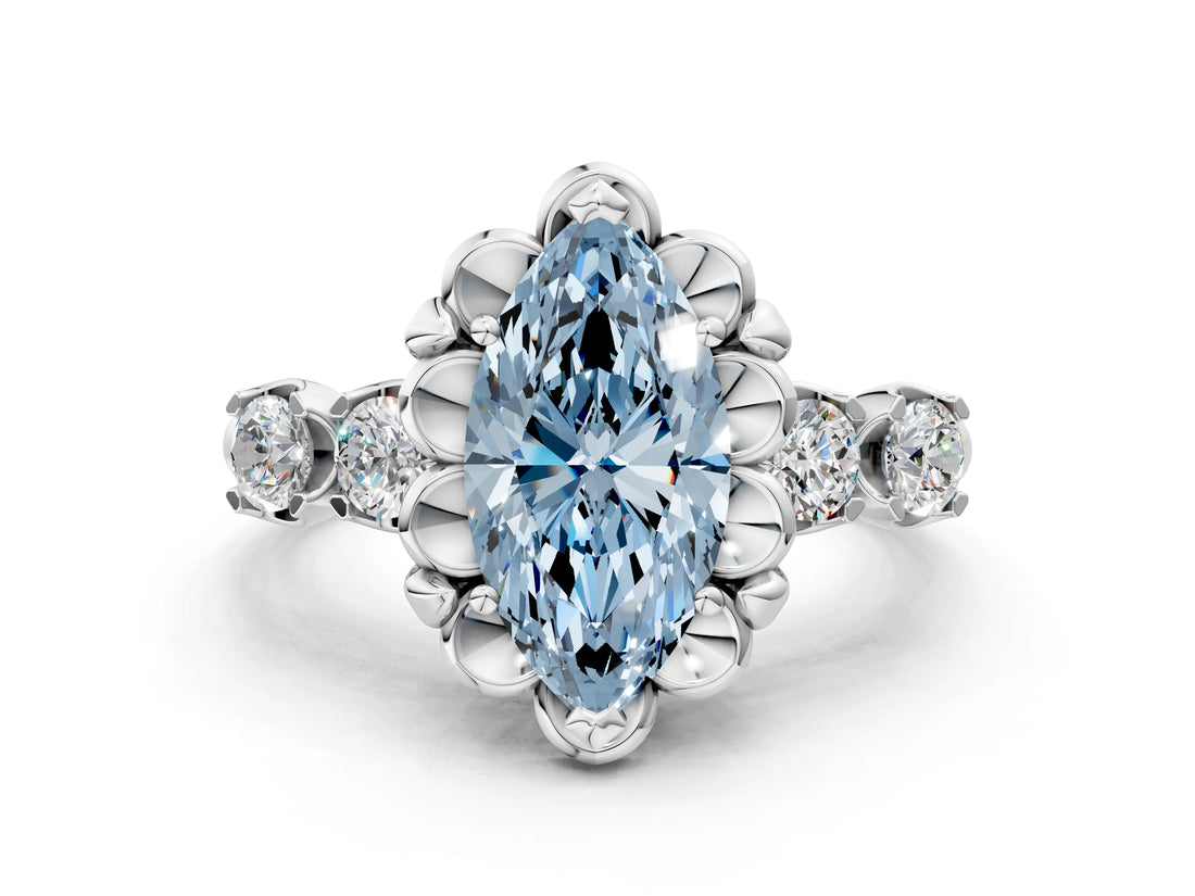 Silver Fancy Blue Marquise  Cut Diamond Floral Halo Engagement Ring with Shared Prong Setting 1