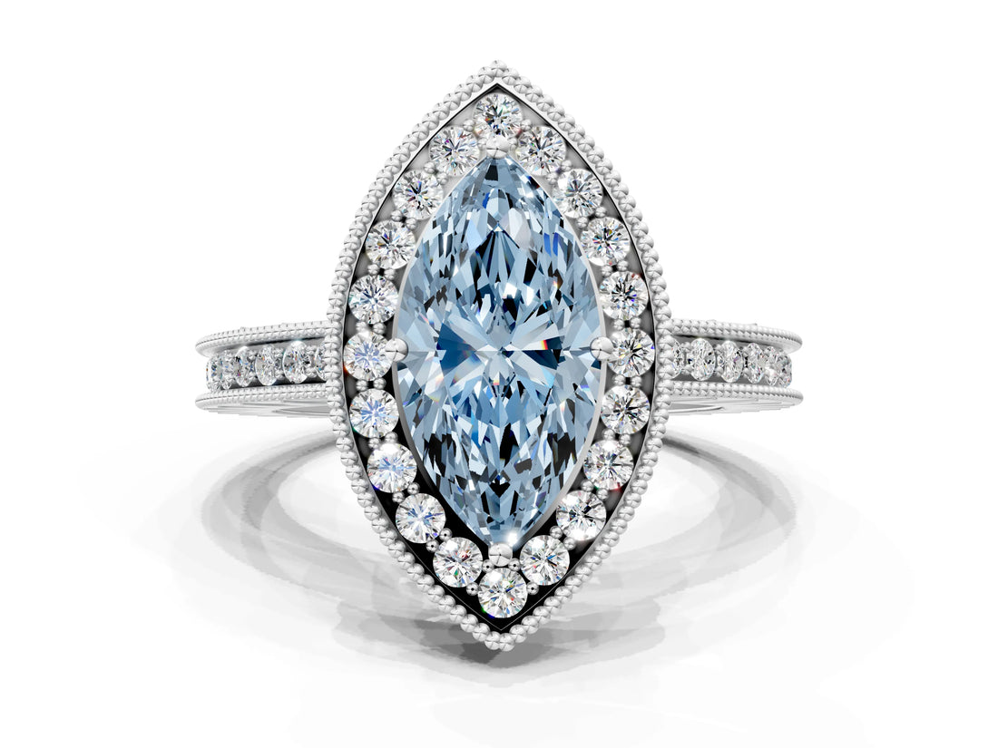 Silver Fancy Blue Marquise Cut Diamond Milgrain Halo Engagement Ring with Round Pavé Band and Prong Setting_12