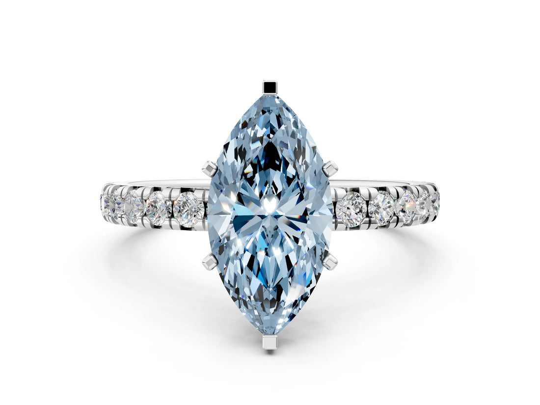 Silver Fancy Blue Marquise Cut Diamond Pavé Solitaire Ring with Round Band and Prong Setting