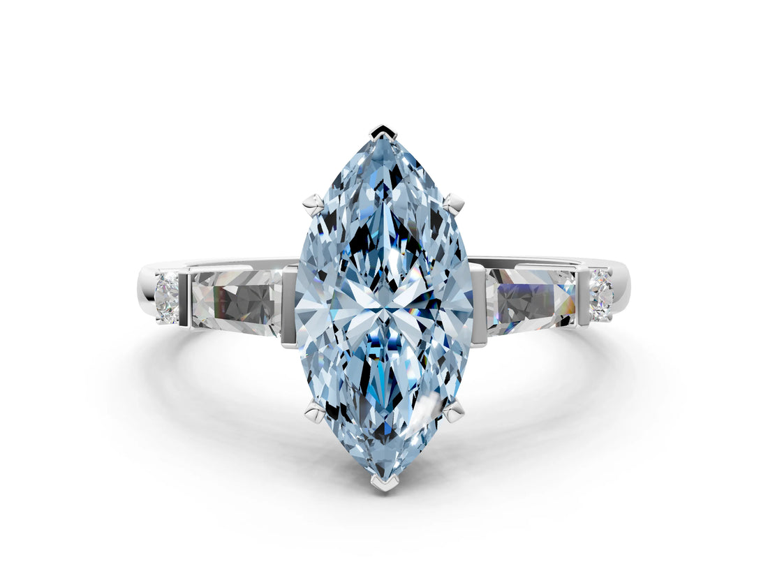 Silver Fancy Blue Marquise  Cut Diamond Ring with Baguette Side Stones, Channel Set Band, and Four-Prong Setting_12