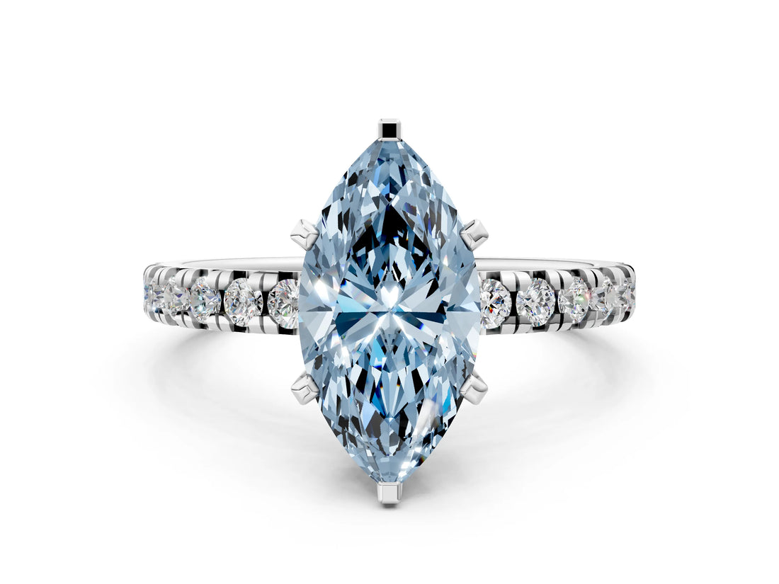 Silver Fancy Blue Marquise Cut Diamond Solitaire Pavé Engagement Ring with Round Band and Prong Setting_2