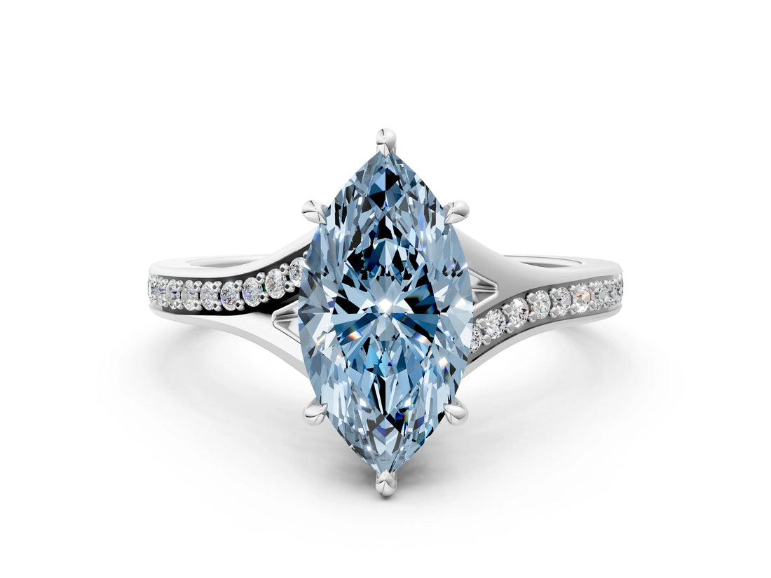 Silver Fancy Blue Marquise Cut Diamond Solitaire Ring with Pavé Band and Prong Setting_12
