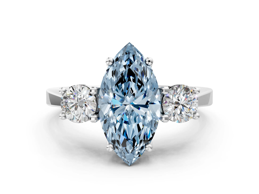 Silver Fancy Blue Marquise Cut Diamond Three-Stone Engagement Ring with Prong Setting and Pavé Band_12