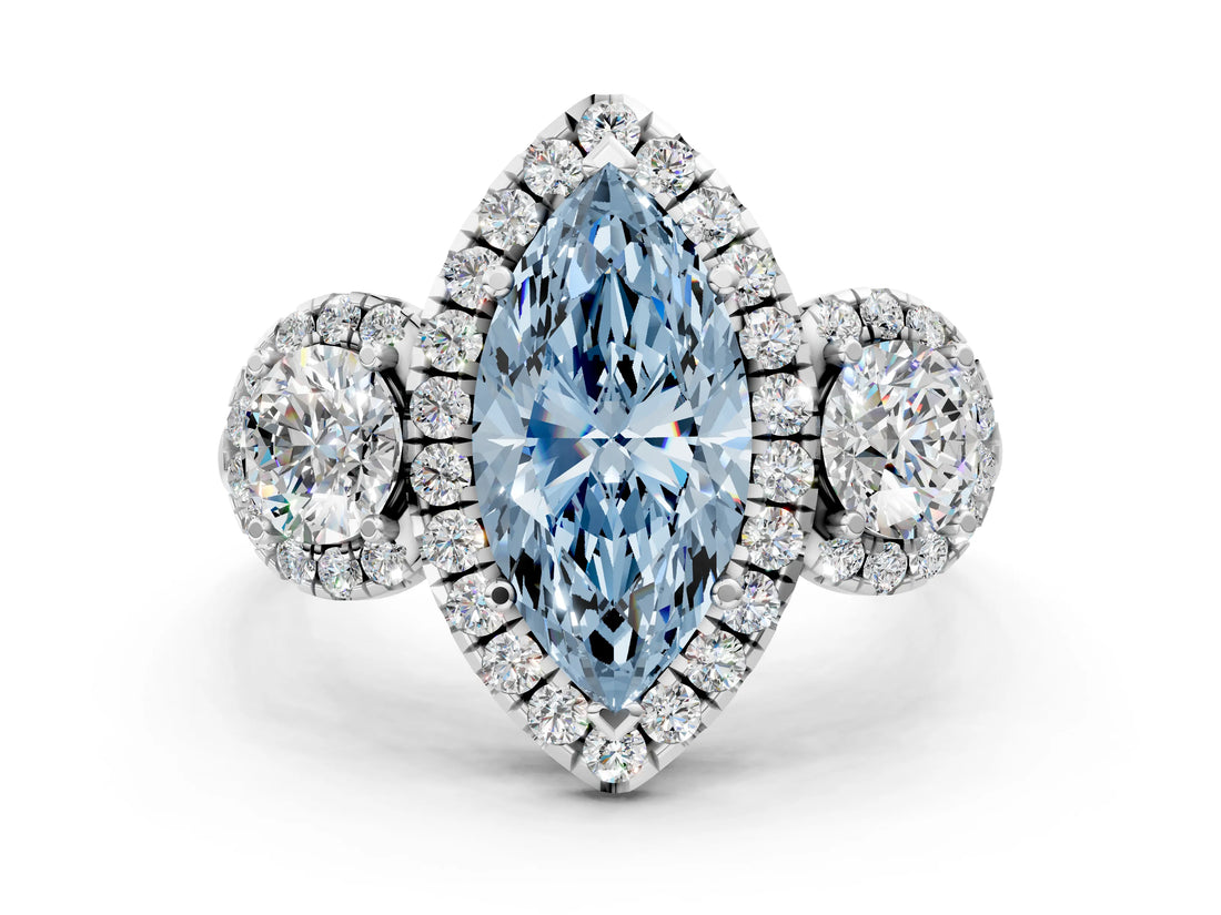 Silver Fancy Blue Marquise Cut Diamond Three-Stone Halo Ring with Prong Setting and Pavé Accents_6