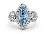 Silver Fancy Blue Marquise Cut Diamond Three-Stone Halo Ring with Prong Setting and Pavé Accents_6