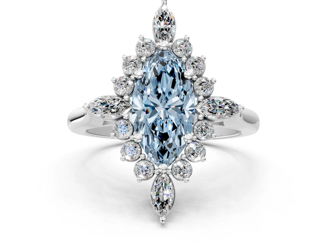 Silver Fancy Blue Marquise Cut Halo Diamond Cluster Ring with Marquise and Round Stones on a White Gold Band with Prong Setting_6