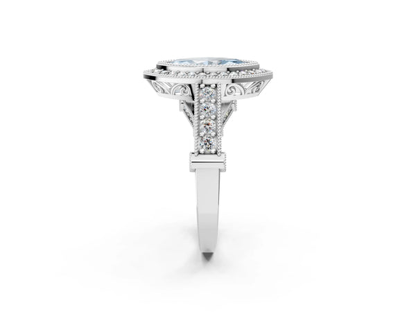 Sterling Silver Marquise Vintage Bezel Halo Engagement Ring Setting for Fancy Blue Center