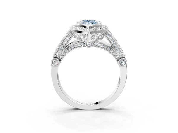 Sterling Silver Marquise Vintage Bezel Halo Engagement Ring Setting for Fancy Blue Center