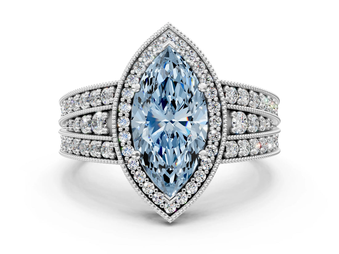 Silver Fancy Blue Marquise Cut Halo Diamond Split Shank Ring with Prong Setting_6