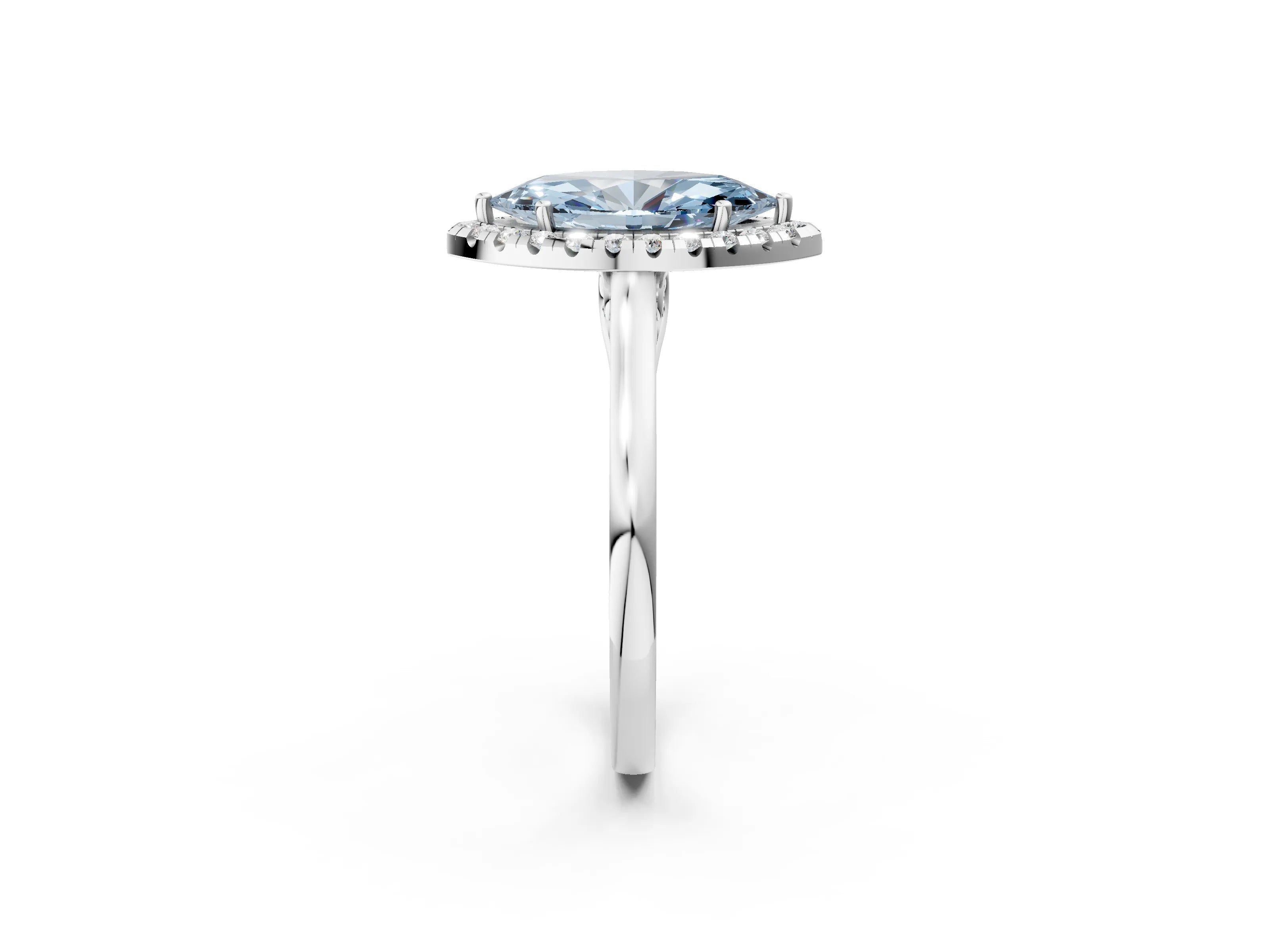 Silver Fancy Blue Marquise Cut Halo Round Diamond Solitaire Ring with Pavé Band and Four-Prong Setting_26