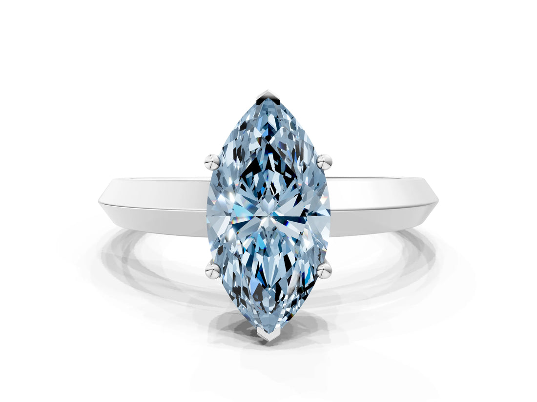 Silver Fancy Blue Marquise  Cut Solitaire Engagement Ring with Flat Band and Four-Prong Setting