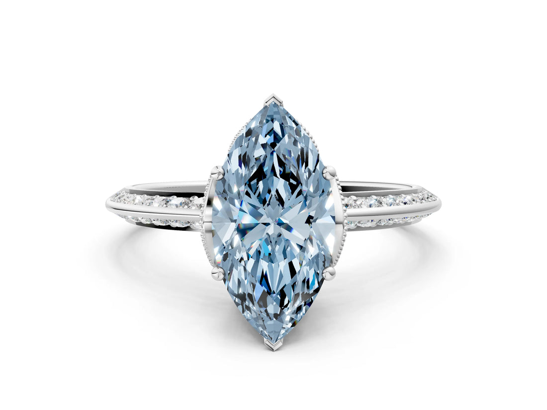 Silver Fancy Blue Marquise Cut Solitaire Split Shank Pave Diamond Engagement Ring with Four-Prong Setting_78